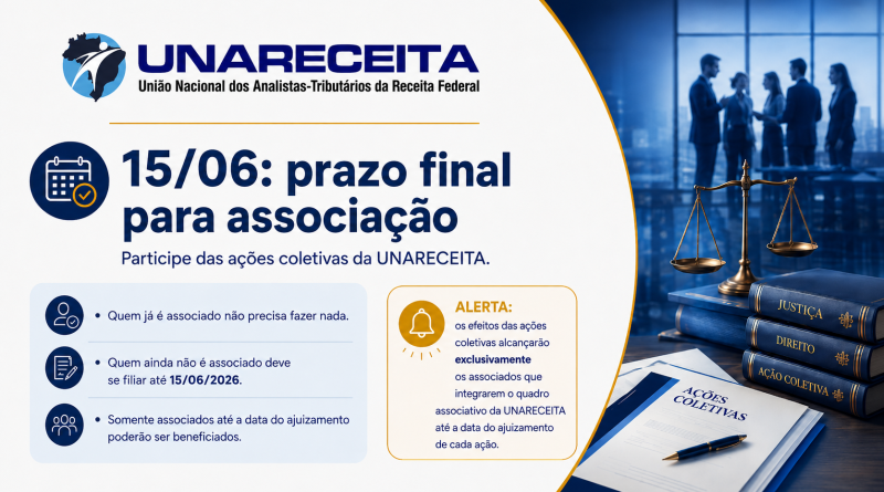 15/06: prazo final para associação à UNARECEITA para participação nas ações coletivas